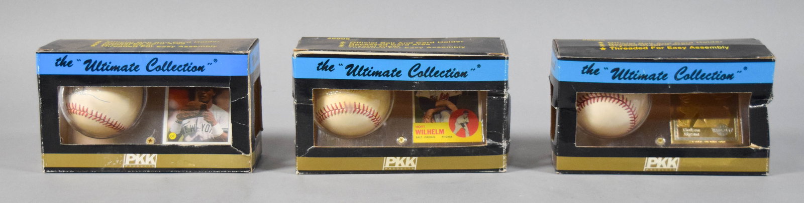 3 PKK Products Ultimate Collection Autographed Baseball and Card Sets, c. 1985-1994: Group of three Ultimate Collection display sets manufactured by PKK Products, each featuring an autographed Rawlings Official American League baseball paired with a specific player card or commemorati