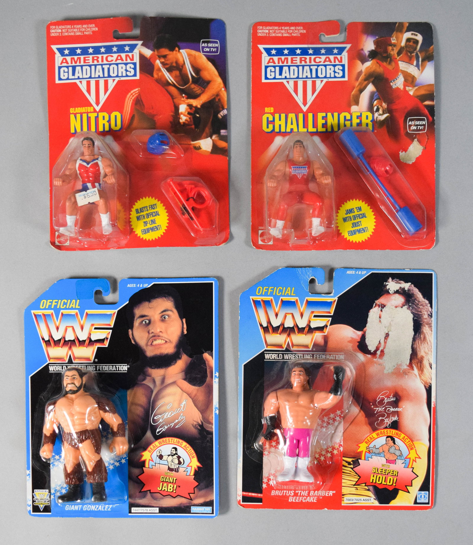 4 Vintage Mattel American Gladiators and Hasbro WWF Carded Action Figures: Group of four vintage American Gladiators action figures manufactured by Mattel and Hasbro in the early 1990s. Includes two Mattel American Gladiators figures: Gladiator Nitro and Red Challenger. Also