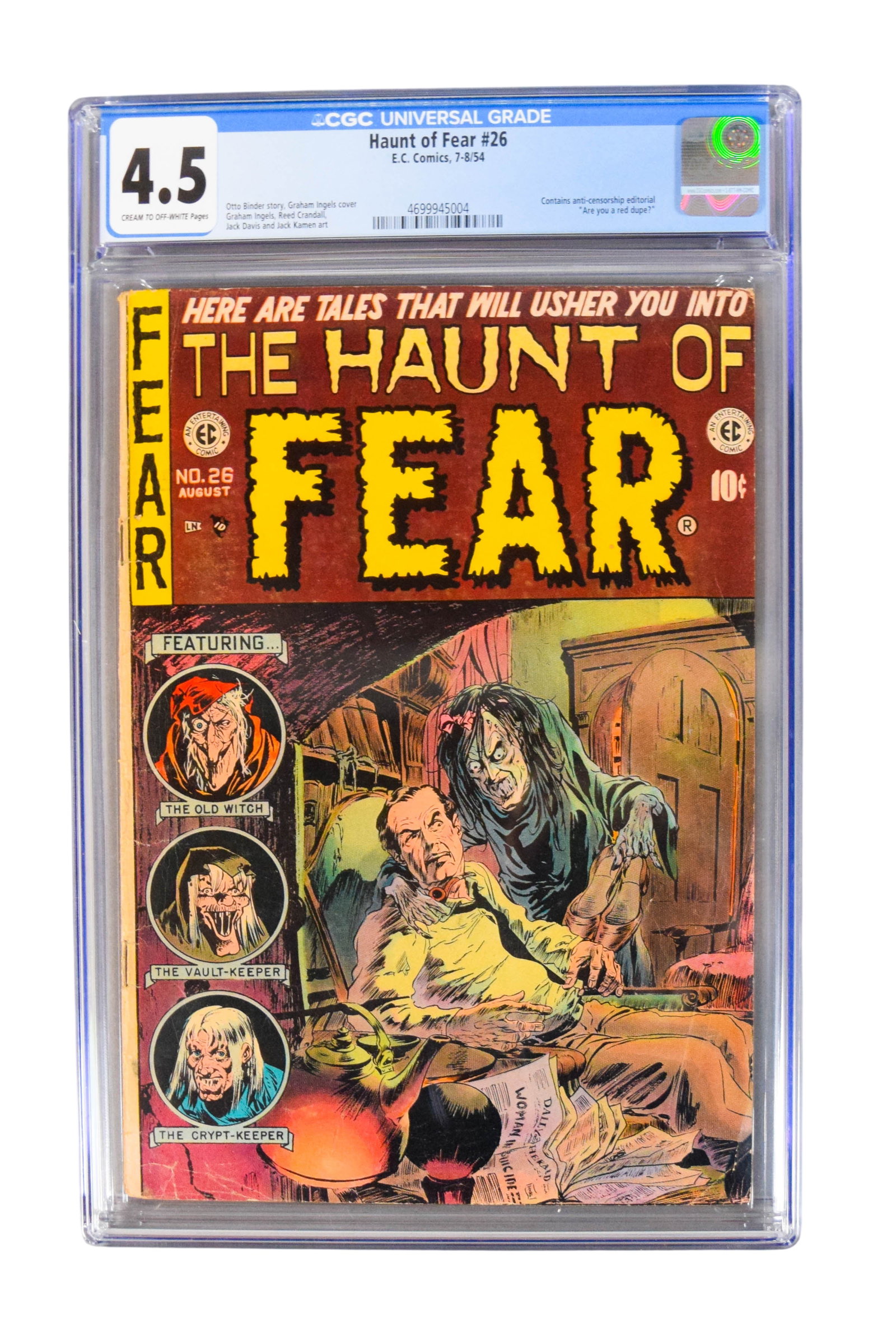 Haunt of Fear #26 E.C. Comics July-August 1954 CGC 4.5: Professionally graded copy of Haunt of Fear issue #26, published by E.C. Comics with a cover date of July-August 1954. The comic is a notable pre-Code horror title featuring the Old Witch, the Vault-K