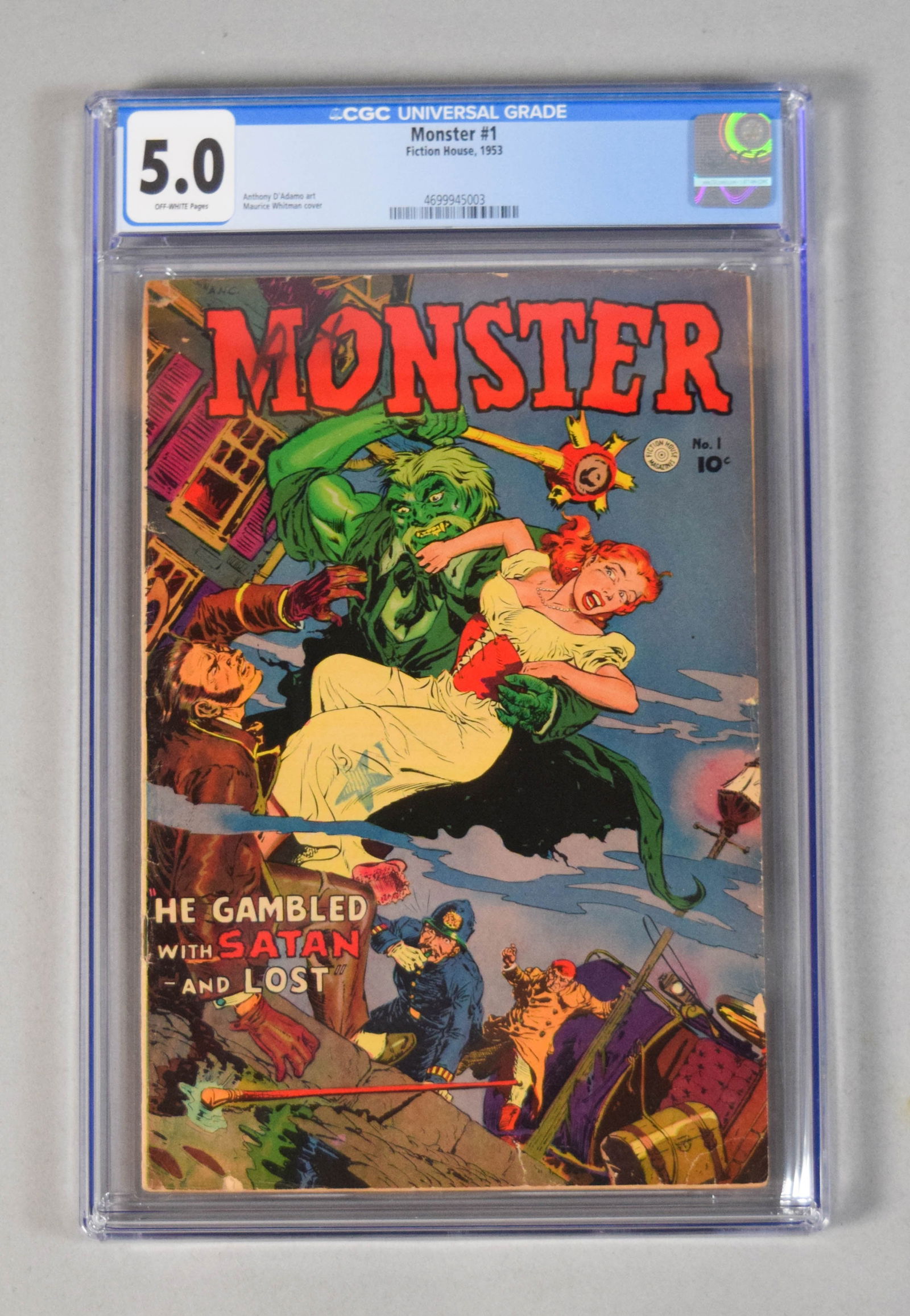 Monster #1 Fiction House 1953 CGC 5.0 Universal Grade: Monster #1 comic book published by Fiction House in 1953. This is the premier issue of the series. The publication features cover art by Maurice Whitman and interior art by Anthony D'Adamo. The item i
