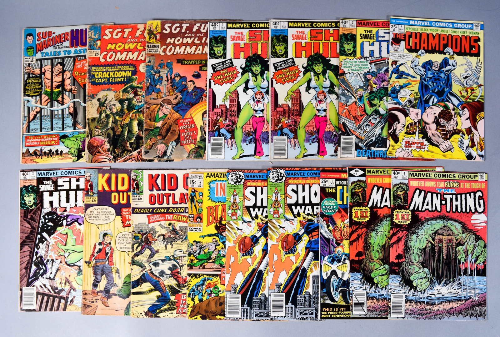 16 Comic Books She Hulk Sgt Fury Inhumans: Tales to Astonish 70, Sgt Fury and His Howling Commandos 11 and 27 (first appearance of Eric Koenig; Origin of Fury's eye patch), Savage She-Hulk 1 (2 copies) (origin of She-Hulk; first appearance of