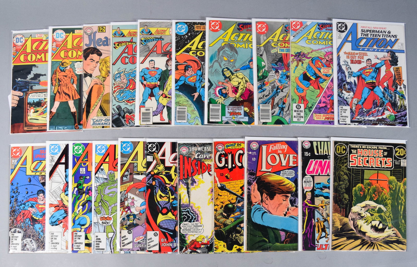 20 Comic Books Action Comics: DC Comics: Action Comics 442, 446, 458, 460, 509, 531, 535, 537, 584, 585, 587, 589, 590, 591, and 592, Showcase 52, House of Secrets 100, Challengers of the Unknown 75, Falling in Love 93 and Heart T