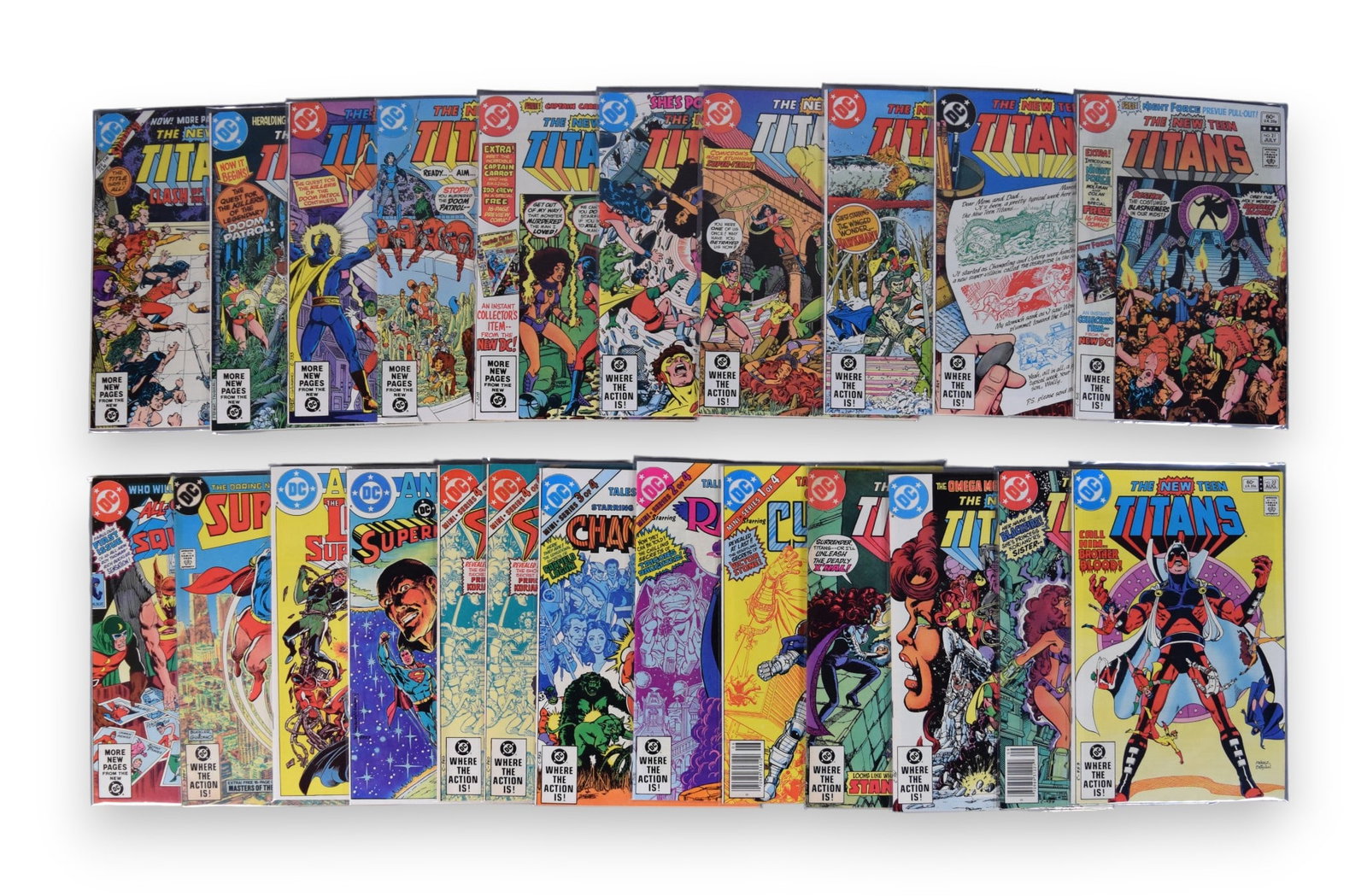 23 DC Comics Teen Titans, Superman, Supergirl: 23 DC comic books. The New Teen Titans 12-25. Tales of the Teen Titans Mini Series 1-4 (doubles of 4). DC Comics Presents Annual 1. The Legion of Superheroes Annual 1. Supergirl 1. All Star Squadron 1