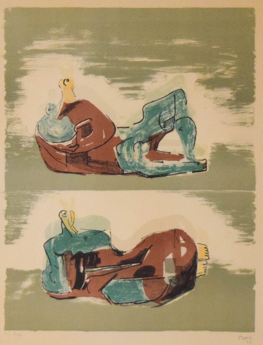 Henry Moore Lithograph Two Reclining Figures: Henry Moore (British, 1898-1986). Lithograph, Two Reclining Figures. Pencil signed and dated 73 lower right and numbered H.C. 3/20 in pencil lower left. 18 1/4" x 13 3/4" (with frame 26" x 20").