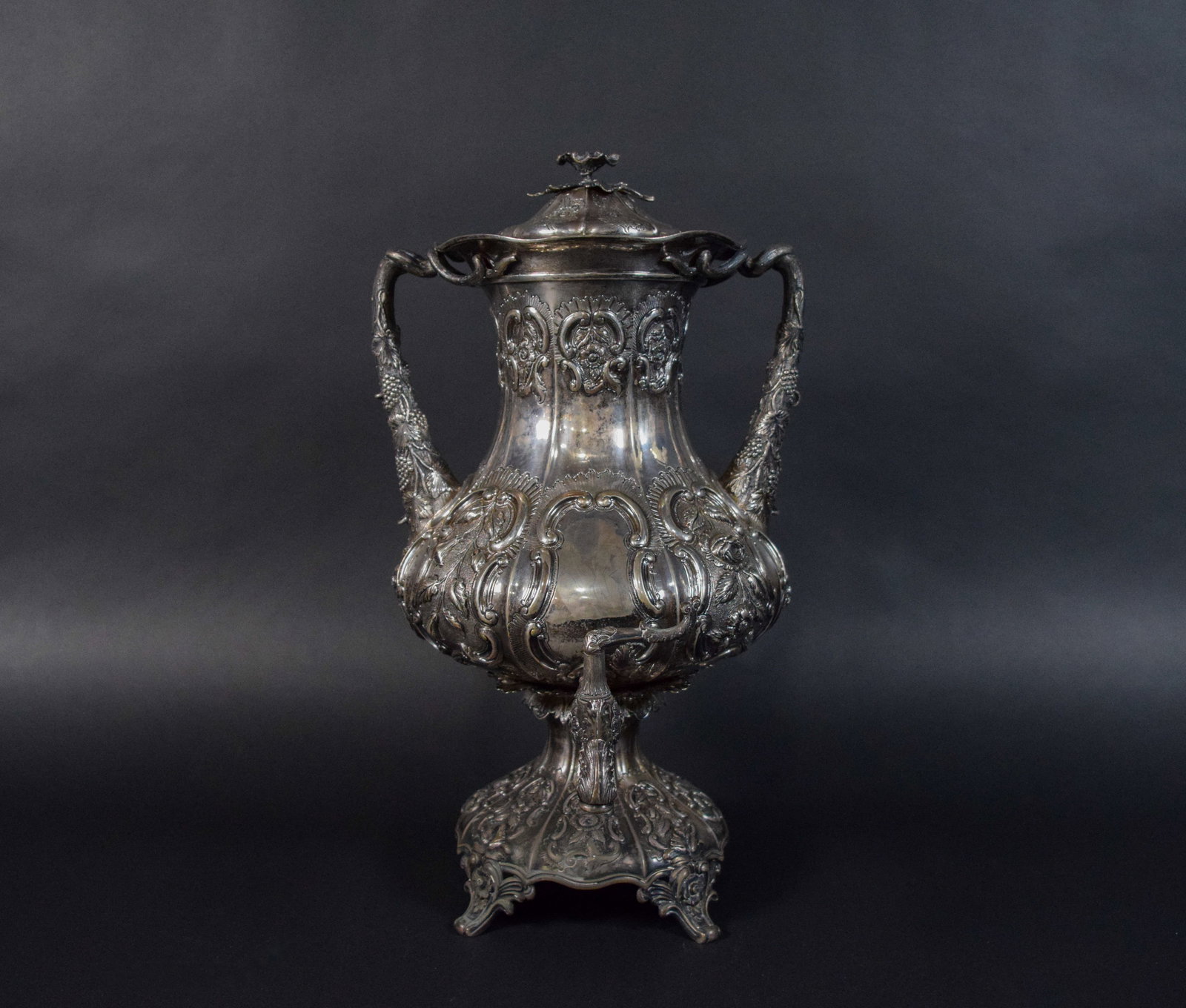 Ball Tompkins & Black Coin Silver Samovar: Ball, Tompkins & Black coin silver coffee urn or samovar on a pedestal base. Mid-19th century. Repousse and chased decoration throughout. Stamped Ball Tompkins & Black, New York on the underside. 2,50
