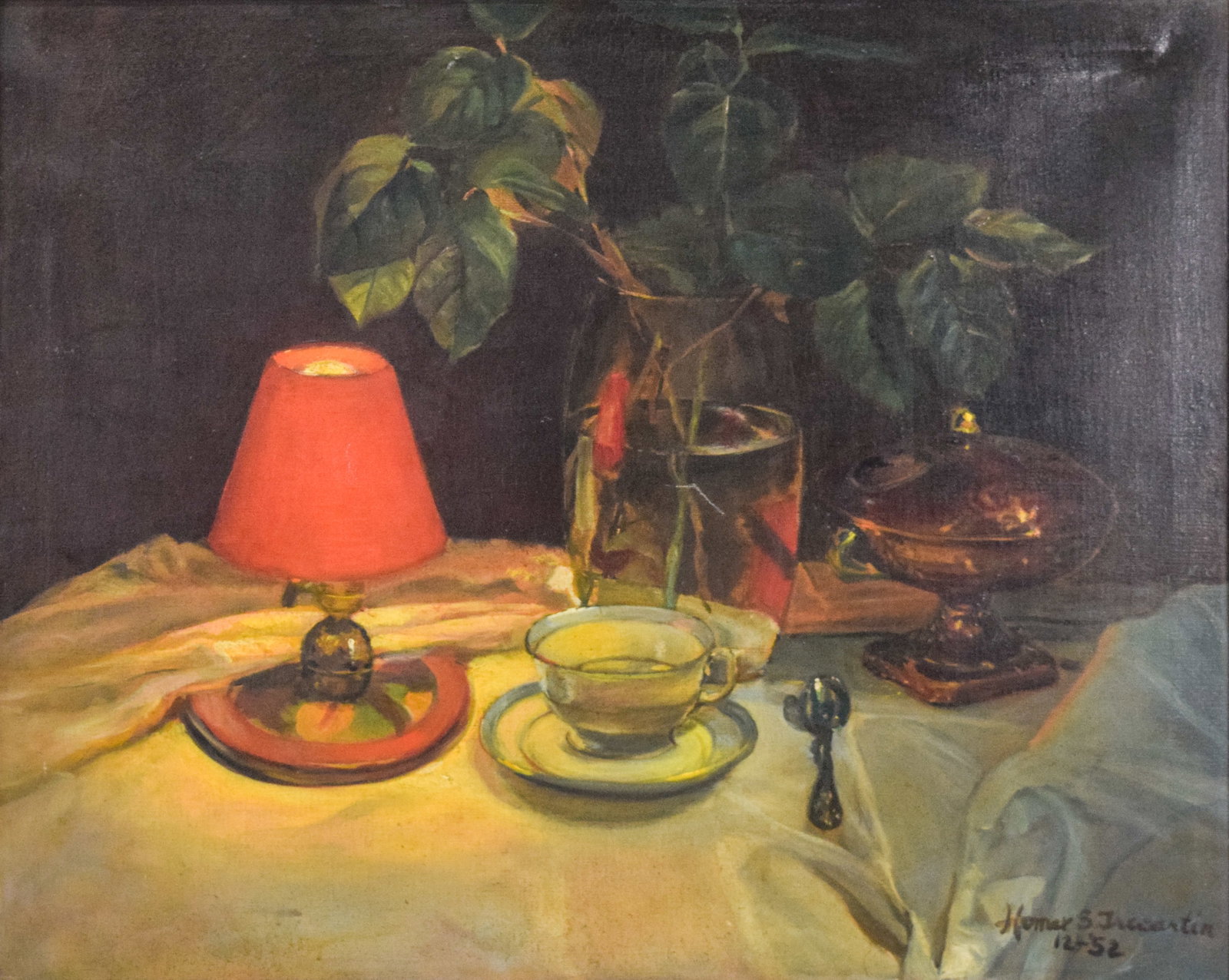 Homer S. Trecartin Oil on Canvas Still Life with Red Lamp: Homer S. Trecartin (American, 20th Century). Oil on canvas, still life with red lamp. Signed and dated lower right Homer S. Trecartin '52. Verso with exhibition tag from the American Artists Professio