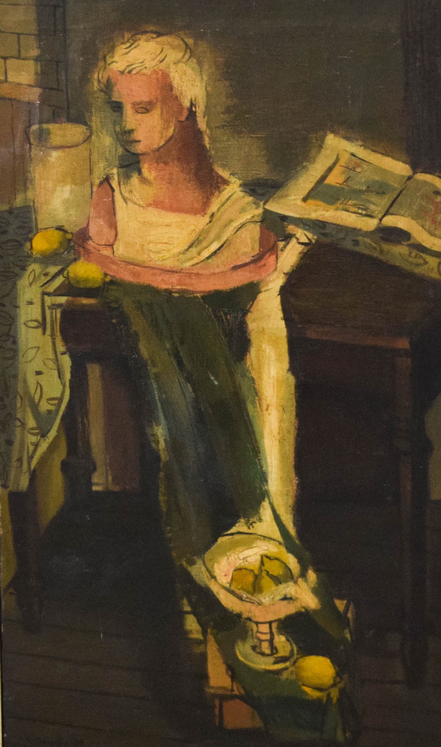 Louis Nicholas Donato Oil on Canvas Still Life with Plaster Bust and Lemons: Louis Nicholas Donato (American, 1913-1995). Oil on canvas, still life with plaster bust and lemons, 1939. Signed and dated L. Donato 39 lower left. 34" x 20" sight size, 43" x 24 3/4" with frame.