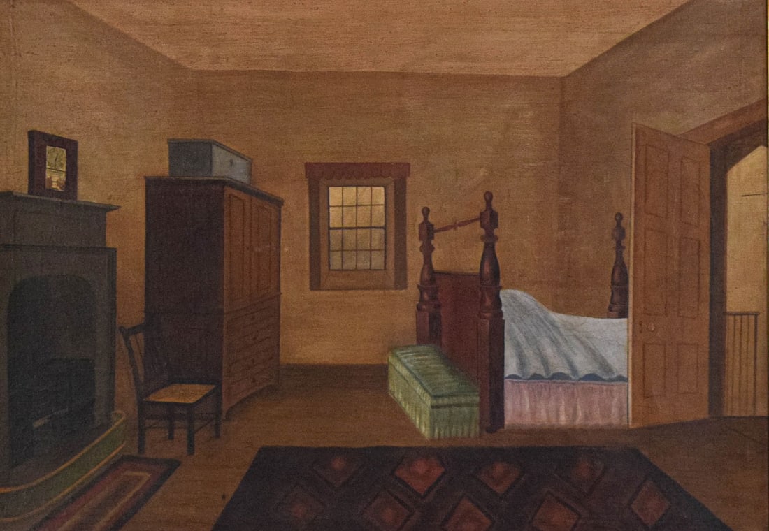 American School Oil on Canvas Bedroom Interior: Oil on panel, bedroom interior. Probably American School, 19th century. Label on verso "The Chieffo Collection." 19" x 27", with frame 26" x 34". Crazing throughout. Losses to frame.