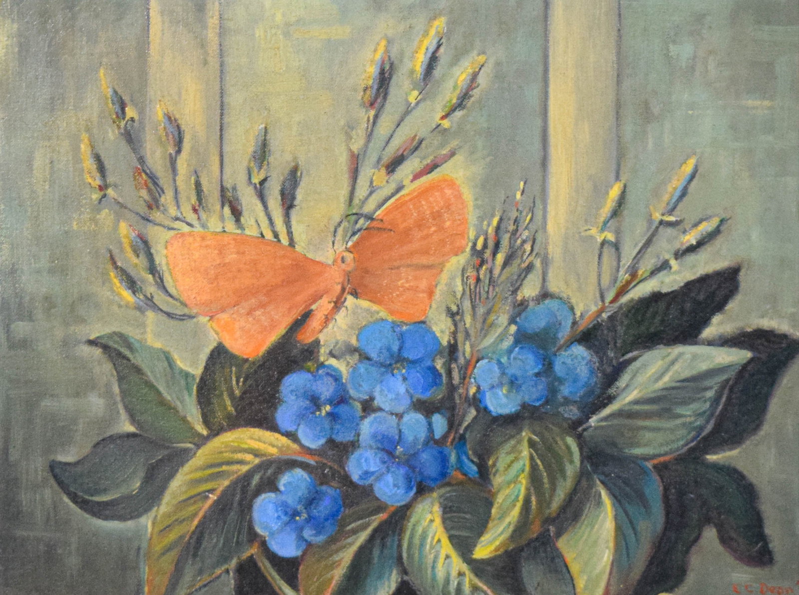 Oil on Canvas Still Life with Butterfly and Flowers 1946: Oil on canvas depicting a mid-century still life with a butterfly and flowers. Signed and dated E.C. Dean 46 in the lower right. 15 1/2" x 19 1/2"