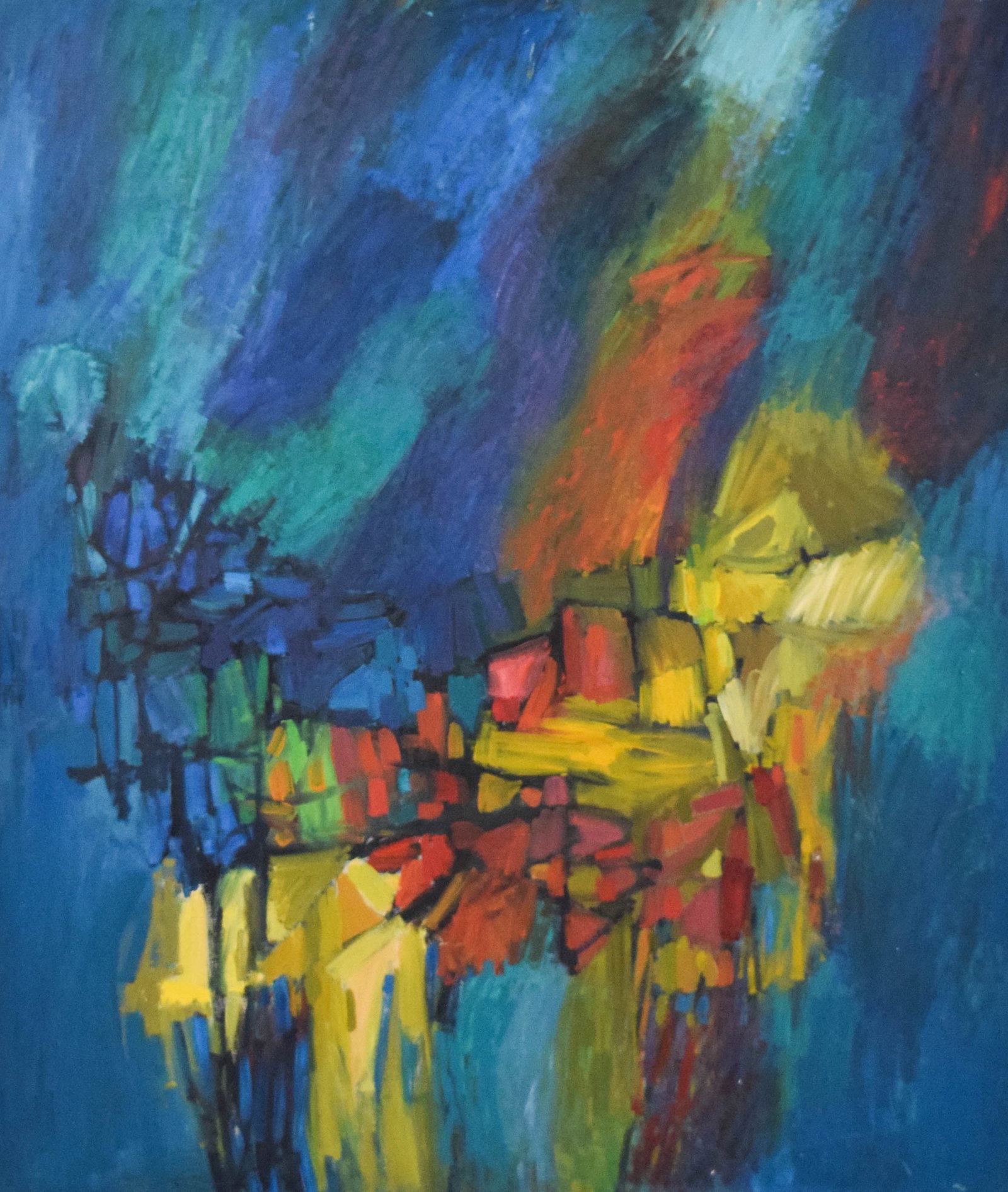 MCM Oil on Canvas Abstract Composition: Mid-Century Modern abstract expressionist oil on canvas. Signed B. Breland 1956 on upper canvas return and on verso. 49 x 42 inches.