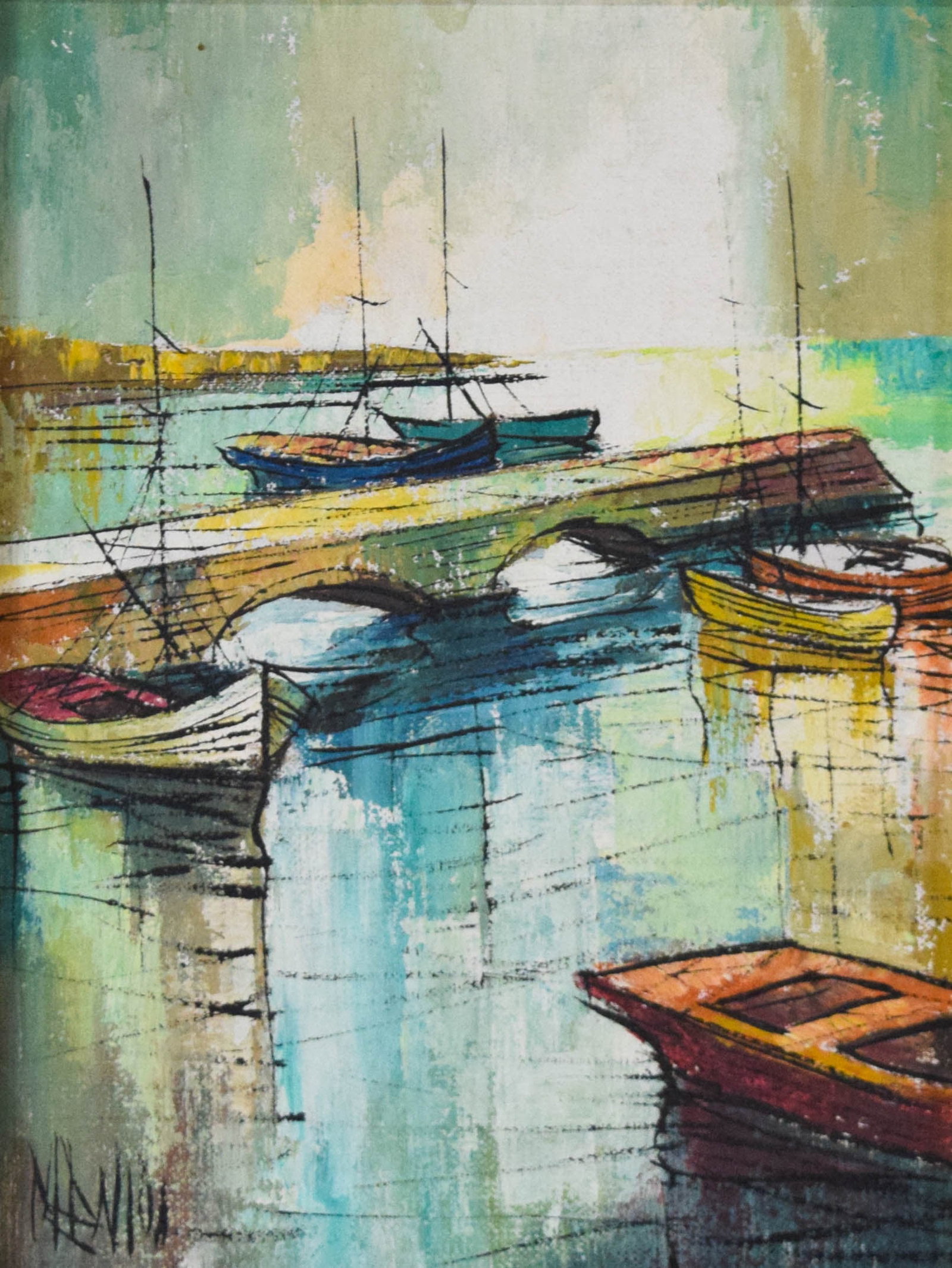 Mid-Century Modern Harbor Scene: Acrylic on canvas, Mid-Century Modern harbor scene. Signed Nevin in the lower left.