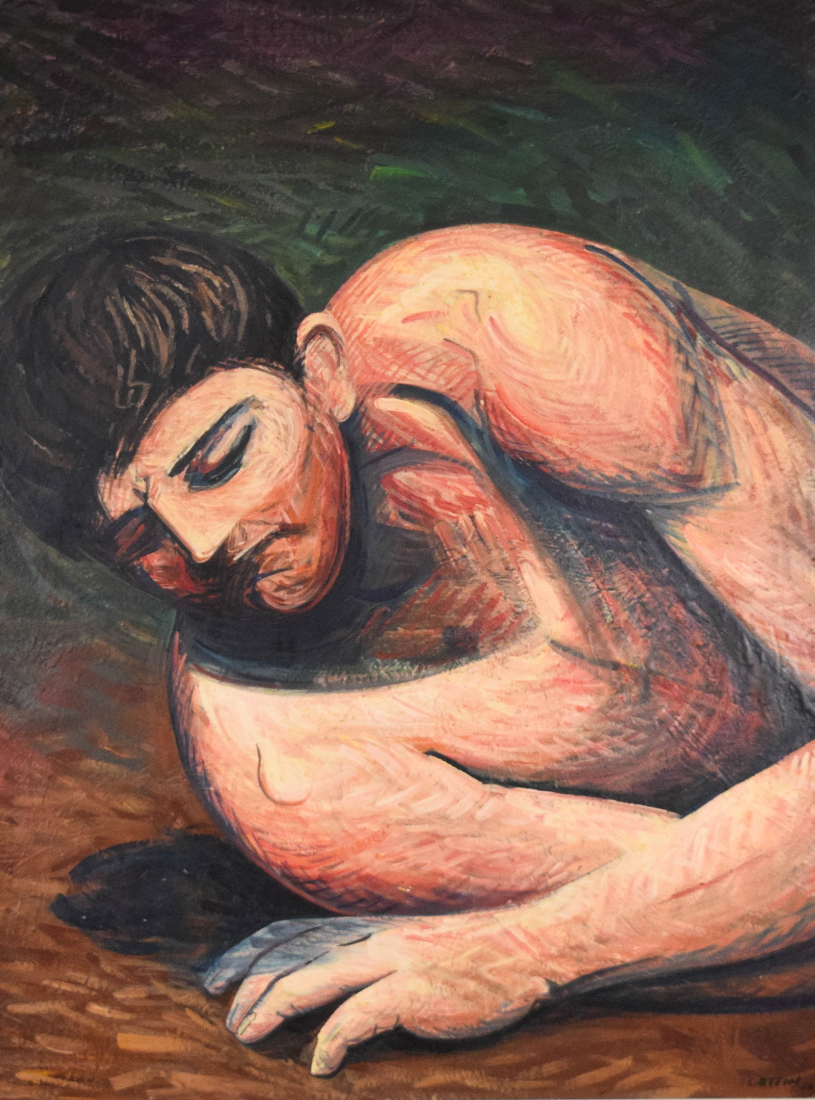 Philip Stein Oil on Board Large-Scale Expressionist Figure: Philip Stein (American, 1919-2009). Oil on board, large-scale expressionist male figure, 1938. Signed and dated Stein 38 lower right. 48" x 36 3/4" sight size, 50" x 38" with frame.