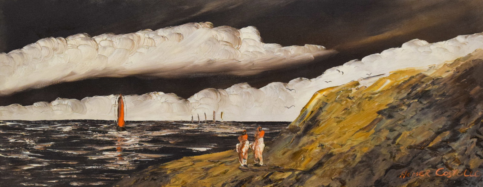 Homer Costello Oil on Canvas Seascape: Homer Costello (American, 1899-1977). Oil on canvas, seascape with heavy impasto. Signed in the lower right. 15 1/2" x 39" sight size, 23" x 47" with frame.
