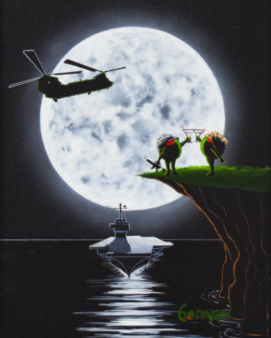 Michael Godard Acrylic on Canvas Air, Land & Sea: Michael Godard (American, b. 1958). Acrylic on canvas "Air, Land & Sea" 2015. Signed Godard in the lower right. Includes COA. 19 1/2" x 15 1/4" sight size, 31 1/4" x 27 1/4" framed.