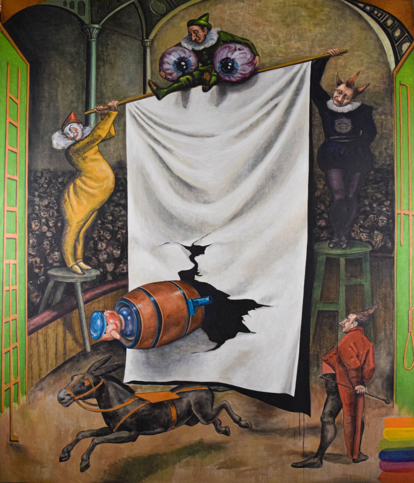 Curro Gonzalez Monumental Acrylic on Canvas La Caida: Curro Gonzalez (Spanish, b. 1960). Monumental acrylic on canvas, La Caida, dated 2000. Surreal circus scene. Signed on verso. 121 1/4" x 104" sight size.