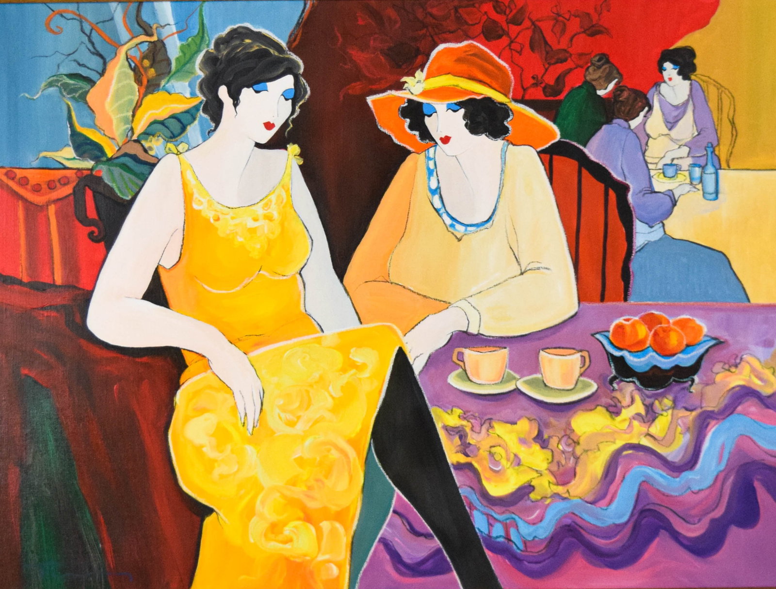Itzchak Tarkay Oil on Canvas Tea Party II: Itzchak Tarkay (Israeli, 1935-2012). Oil on canvas, Tea Party II. Signed Tarkay in the lower left. COA on verso. 30" x 40" sight size, 40 1/2" x 50 1/4" with frame.