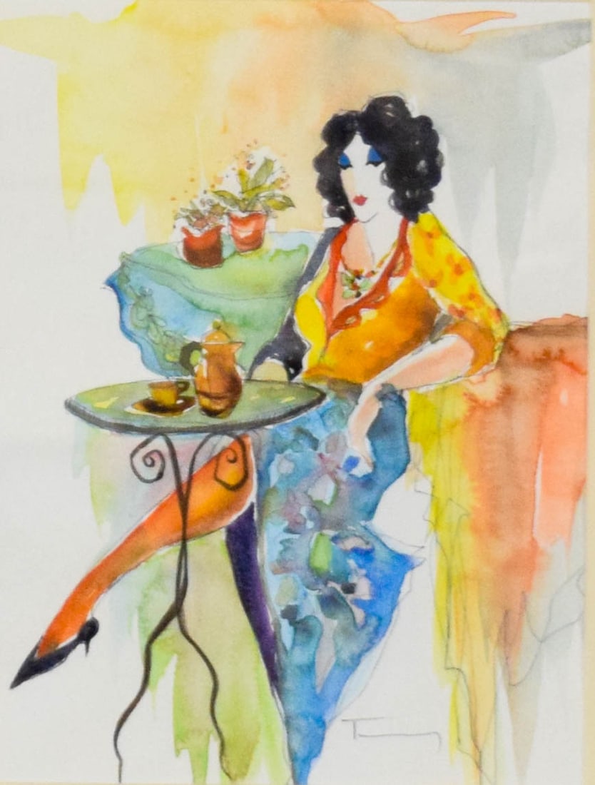Itzchak Tarkay Watercolor Lady in Blue Skirt: Itzchak Tarkay (Israel, 1935-2012). Watercolor on paper, Lady in Blue Skirt. Signed in the lower right. Includes COA. 10 1/2" x 8" sight size, 27 1/4" x 23" with frame.