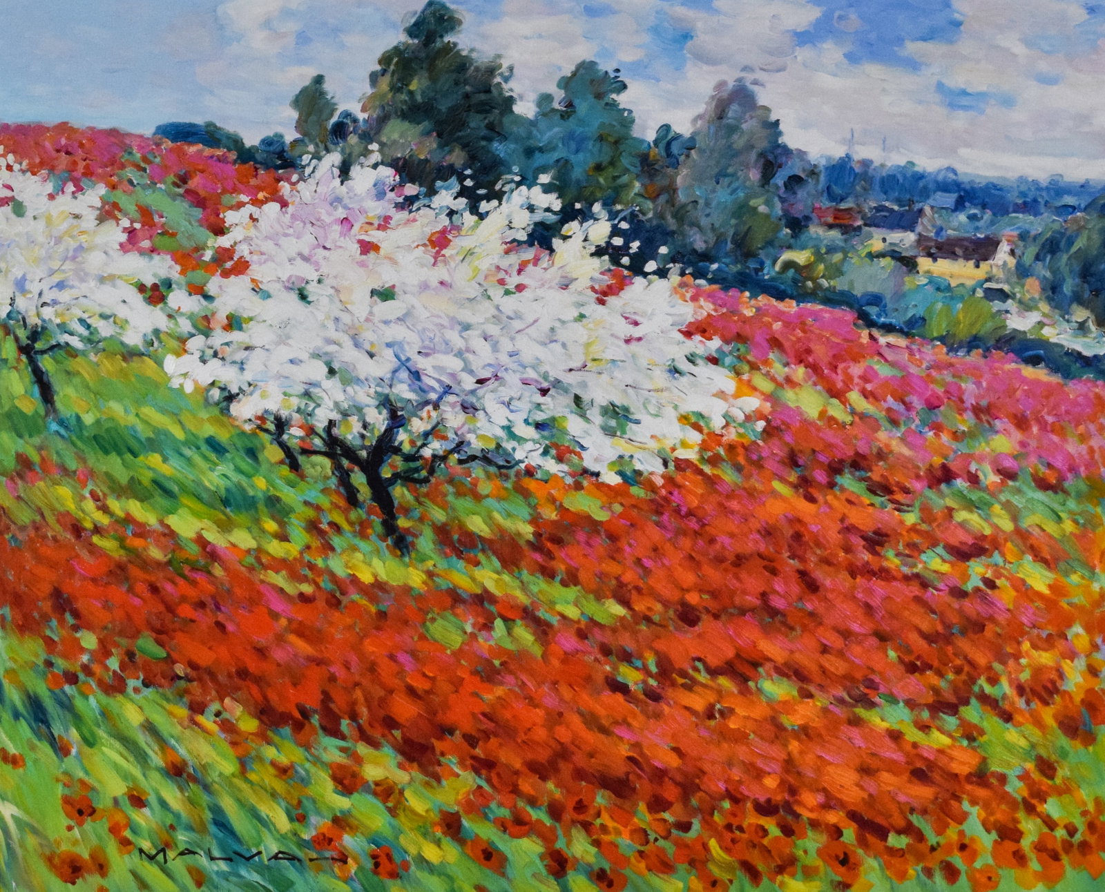 Omar Hamdi Malva Oil on Canvas Impressionist Landscape: Omar Hamdi Malva (Syrian, 1951-2015). Oil on canvas, impressionist landscape with poppies and blossoming tree. Signed Malva in the lower left. 31 1/2" x 39" sight size, 42 1/4" x 49 1/2" with frame.