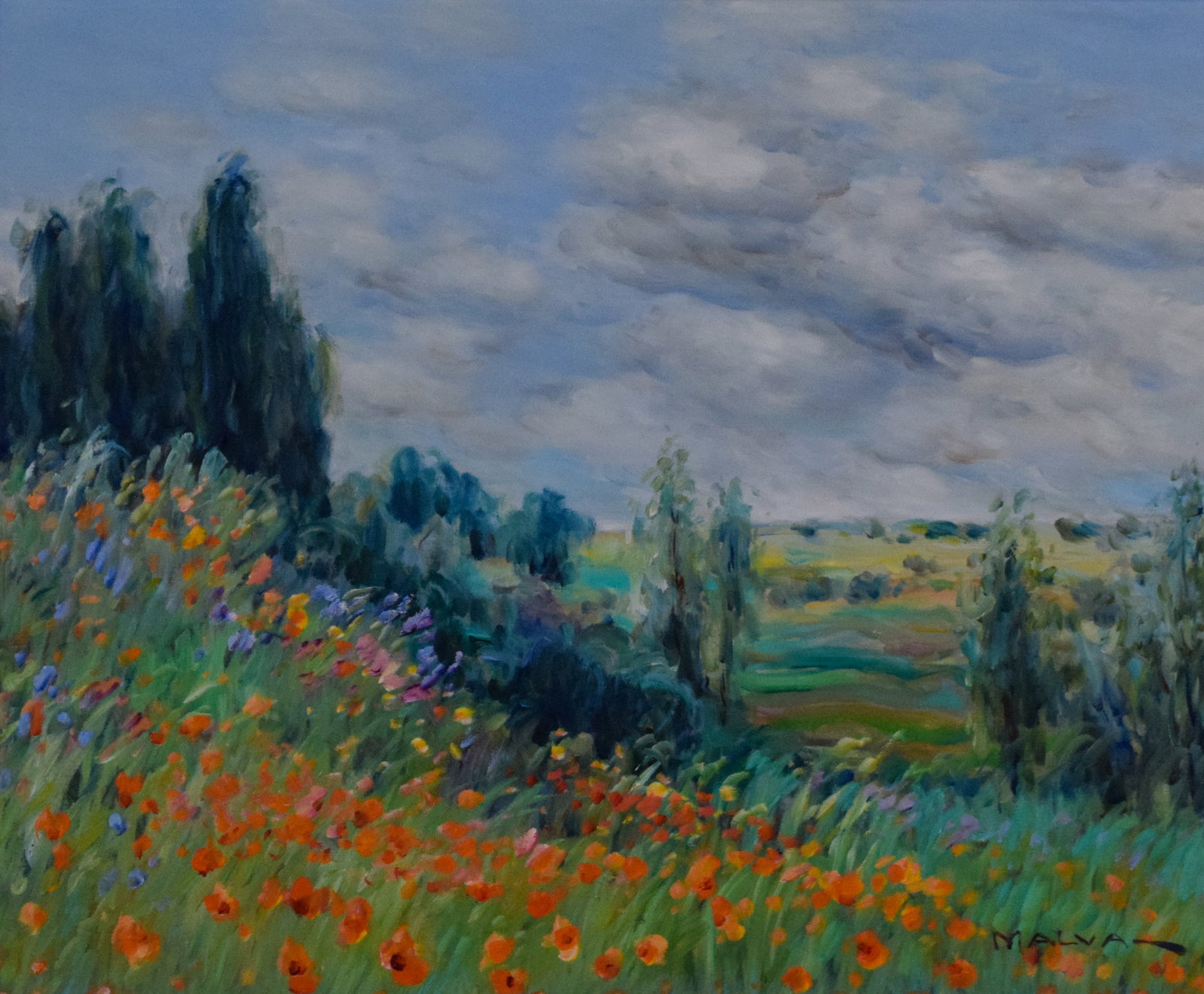 Omar Hamdi Malva Oil on Canvas Impressionist Landscape: Omar Hamdi Malva (Syrian, 1951-2015). Oil on canvas, impressionist landscape. Signed Malva in the lower right. Gallery label on verso. 19 1/4" x 23 1/2" sight size, 28 1/2" x 32" with frame.