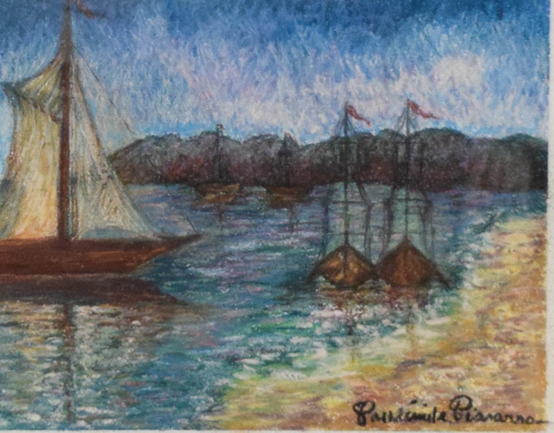 Paul Emile Pissarro Pastel Au Port Du Nuit: Paul Emile Pissarro (French, 1884-1972). Pastel on canvas, Au Port Du Nuit. Signed in the lower right. COA on verso with a 1987 authentication by Katia Pissarro. 9 3/4" x 12" sight size, 24" x 28" wit