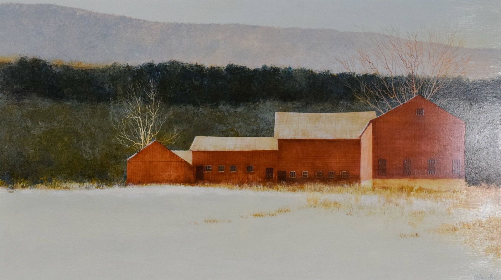 Cleade Enders Acrylic on Board Winter Landscape: Cleade Enders (American, 1925-2001). Acrylic on board, red barns in winter landscape. Signed Cleade in the lower right. 16 1/2" x 29 3/4" sight size, 25 1/4" x 37 1/4" with frame.