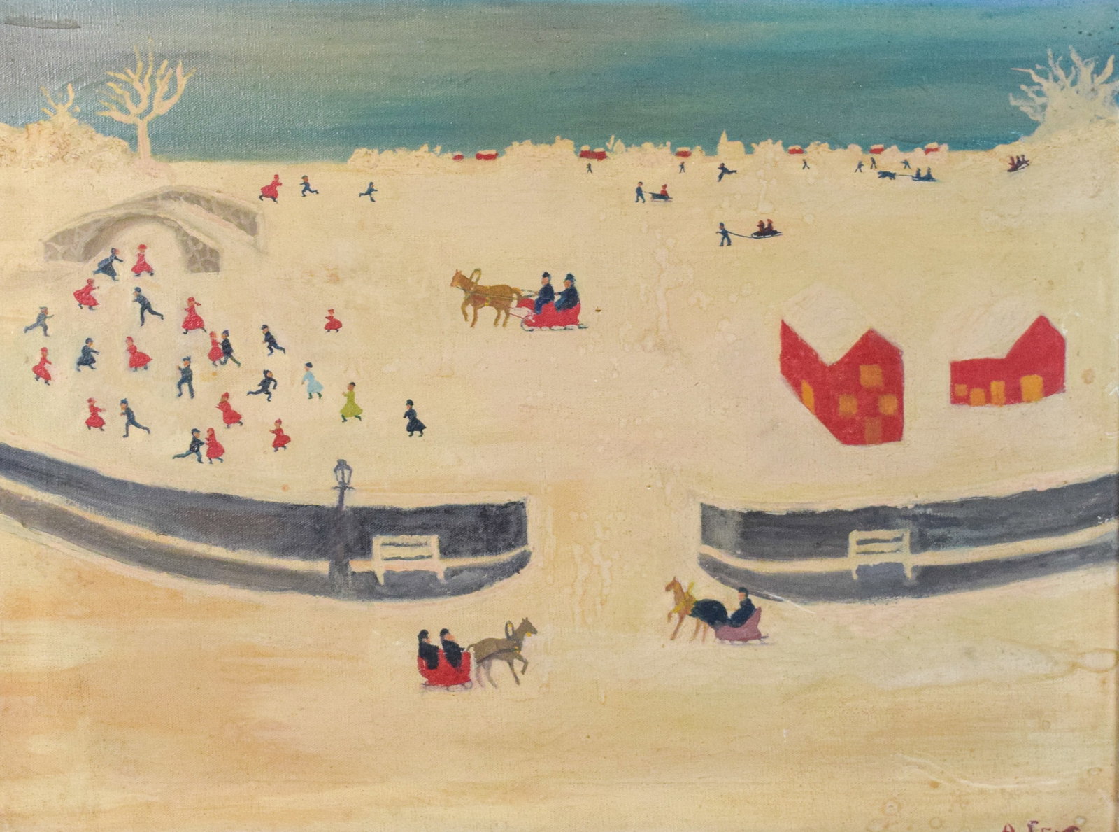 Abe Feit Oil on Canvas Winter Landscape: Abe Feit (American, 20th Century). Oil on canvas, winter scene, 1960. Signed lower right. Inscription on verso. Loose in frame. 17 1/2" x 23 1/2" sight size, 22 1/4" x 29 1/4" with frame.