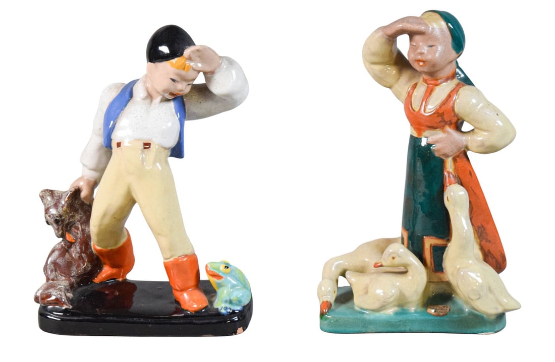 2 Komlos Pottery Figures: 2 Komlos Hungarian pottery figures. Woman with geese, 11 3/8"H; boy with fox and frog, 11"H. Both marked Komlos Keramia Budapest on the undersides and woman with paper label on the base. Wom
