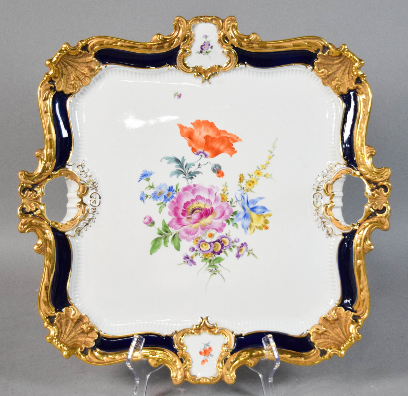 Meissen Porcelain Handled Floral Tray with Cobalt Border (1 of 9)