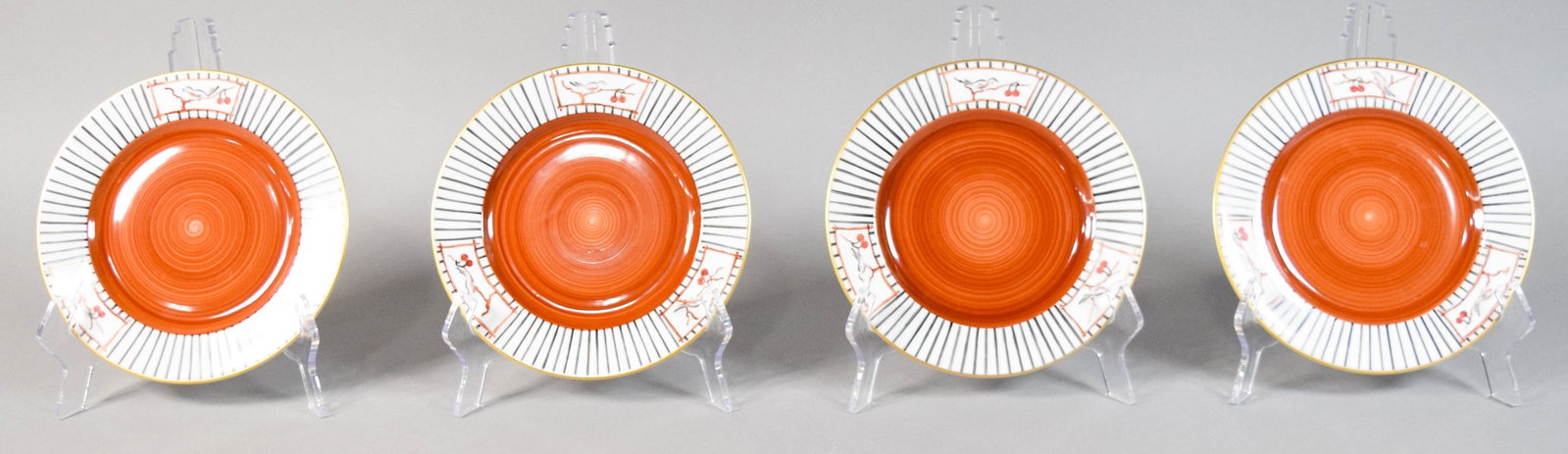 Set of 4 Marie Da??ge Hand-Painted Limoges Porcelain Dessert Plates: Set of four Marie Da??ge hand-painted porcelain dessert plates. Painted by Marie Da??ge in Paris on Limoges porcelain blanks. Marked on the underside Marie Da??ge, peint ? la main, Paris, with Limoges
