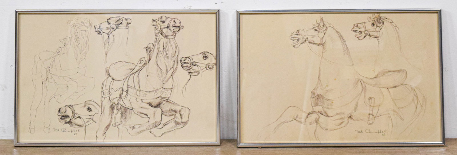 Pair of Ted Campbell Carousel Study Drawings, 1973: Pair of original carousel study drawings on paper. Signed by artist Ted Campbell and dated 1973 lower right. 13" x 20" with frames.