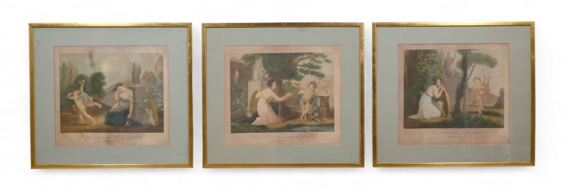 After Ludwig Rullmann 3 Engravings Imprudence: After Ludwig Rullmann (German, 1765-1822). 3 colored engravings, Imprudence Nos. 1, 2, and 3. Engraved by Prot, after Rullmann. Each 17" x 19 1/4" (with frames 24 3/4" x 27 1/2"). All with foxing and 