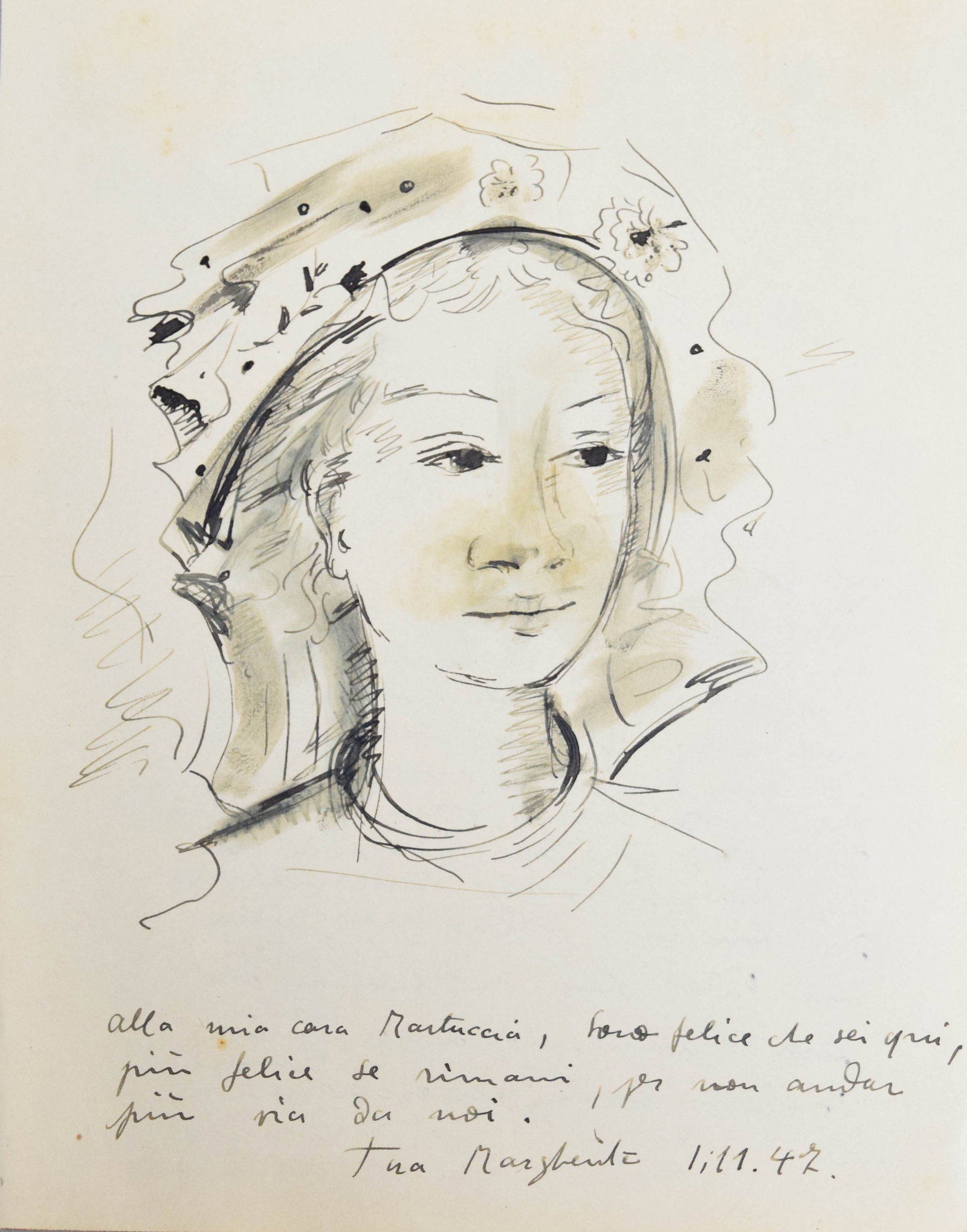 Margherita Osswald-Toppi Portrait of a Young Woman 1947: Margherita Osswald-Toppi (Swiss/Italian, 1897-1971). Pen and ink with wash highlights on paper, portrait of a young woman. Personalized inscriptions on the lower edge, signed "Your Margherita" 1947. V