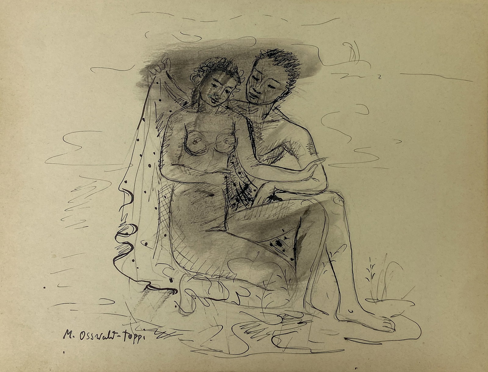 Margherita Osswald-Toppi Ink and Wash Drawing Nude Couple: Margherita Osswald-Toppi (Swiss/Italian, 1897-1971). Ink and gray wash drawing on paper, nude couple. Signed M. Osswald-Toppi lower left. 7 x 9 inches.