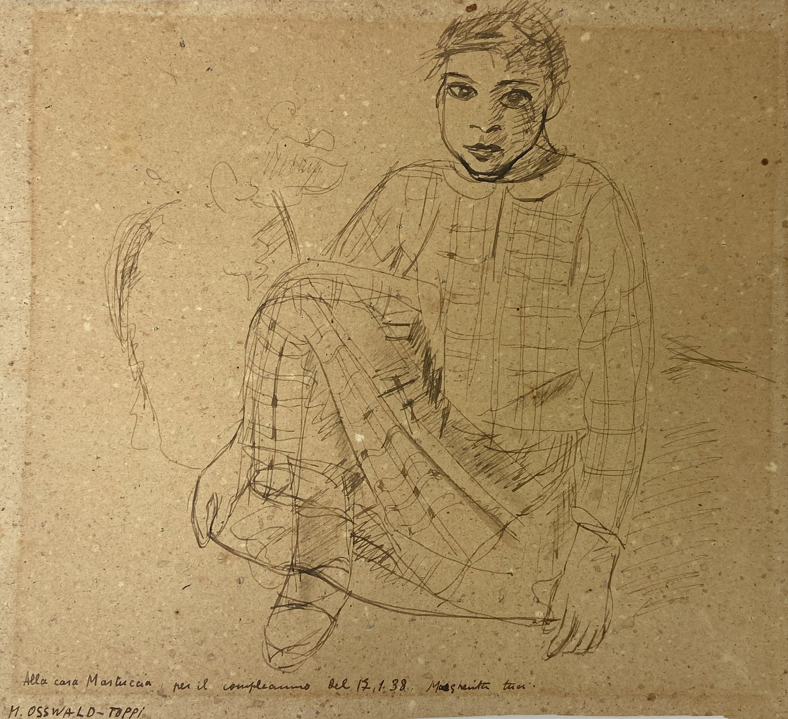 Margherita Osswald-Toppi Ink Drawing Seated Youth 1938: Margherita Osswald-Toppi (Swiss/Italian, 1897-1971). Ink drawing on flecked paper, seated youth, dated 1938. Inscribed in Italian along the lower edge. Signed M. Osswald-Toppi lower left. 8 1/4 x 9 1/
