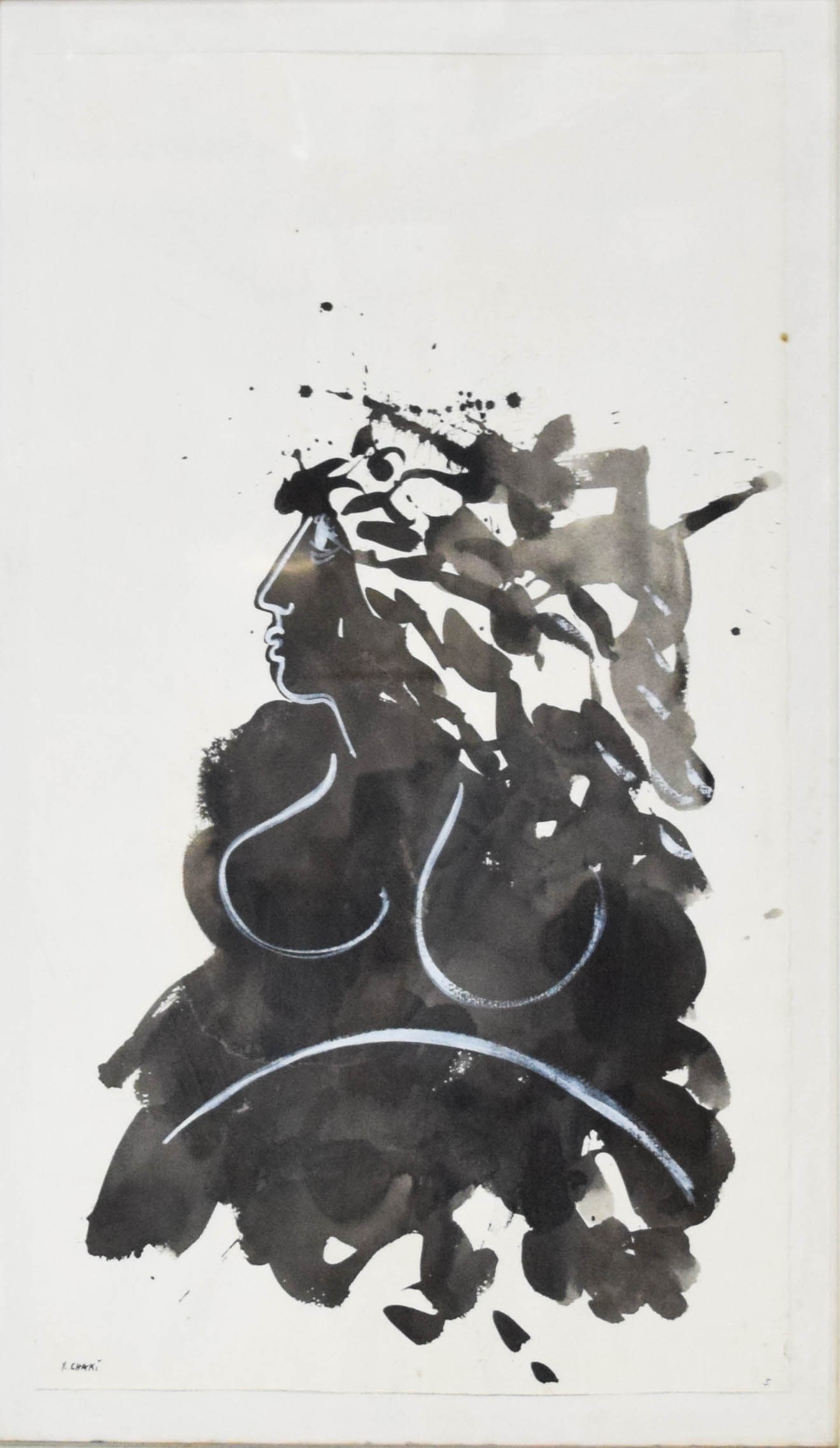 Yehouda Chaki Ink and Wash Drawing Abstract Female Profile (1 of 7)