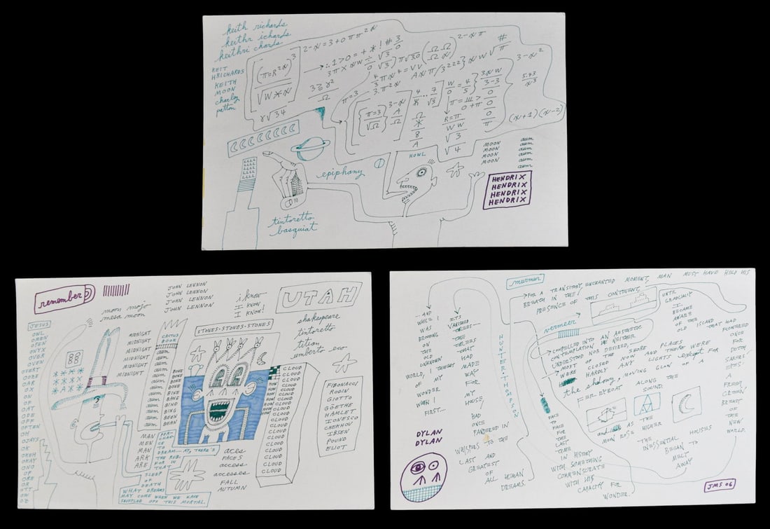3 Jon Sarkin Mixed Media Drawings on Paper: Jon Sarkin (American, 1953-2024). 3 mixed media drawings with ink and marker on paper. Dylan, Remember and Hendrix. Hendrix initialed and dated JMS 06 lower right. Each sheet 12" x 18". All with minor