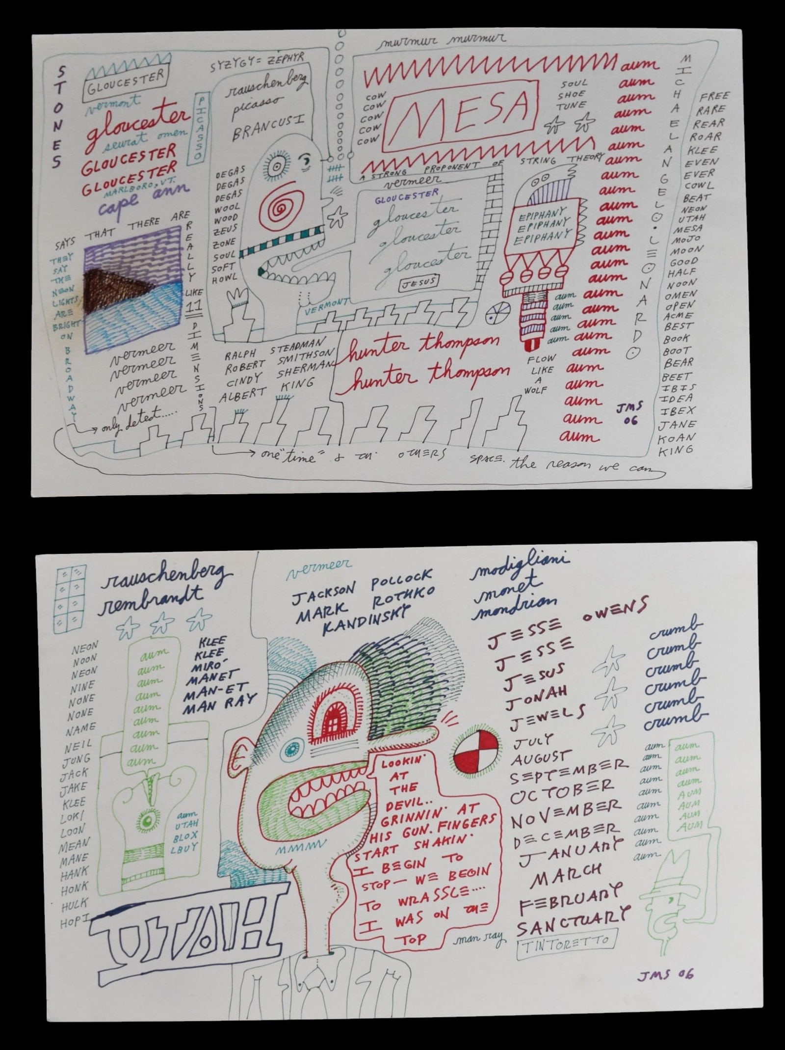 2 Jon Sarkin Mixed Media Drawings on Paper: Jon Sarkin (American, 1953-2024). 2 mixed media drawings with ink and marker on paper. Mesa and Utah. Both initialed JMS and dated 06 lower right. Each sheet 12" x 18". Both with minor creases to corn