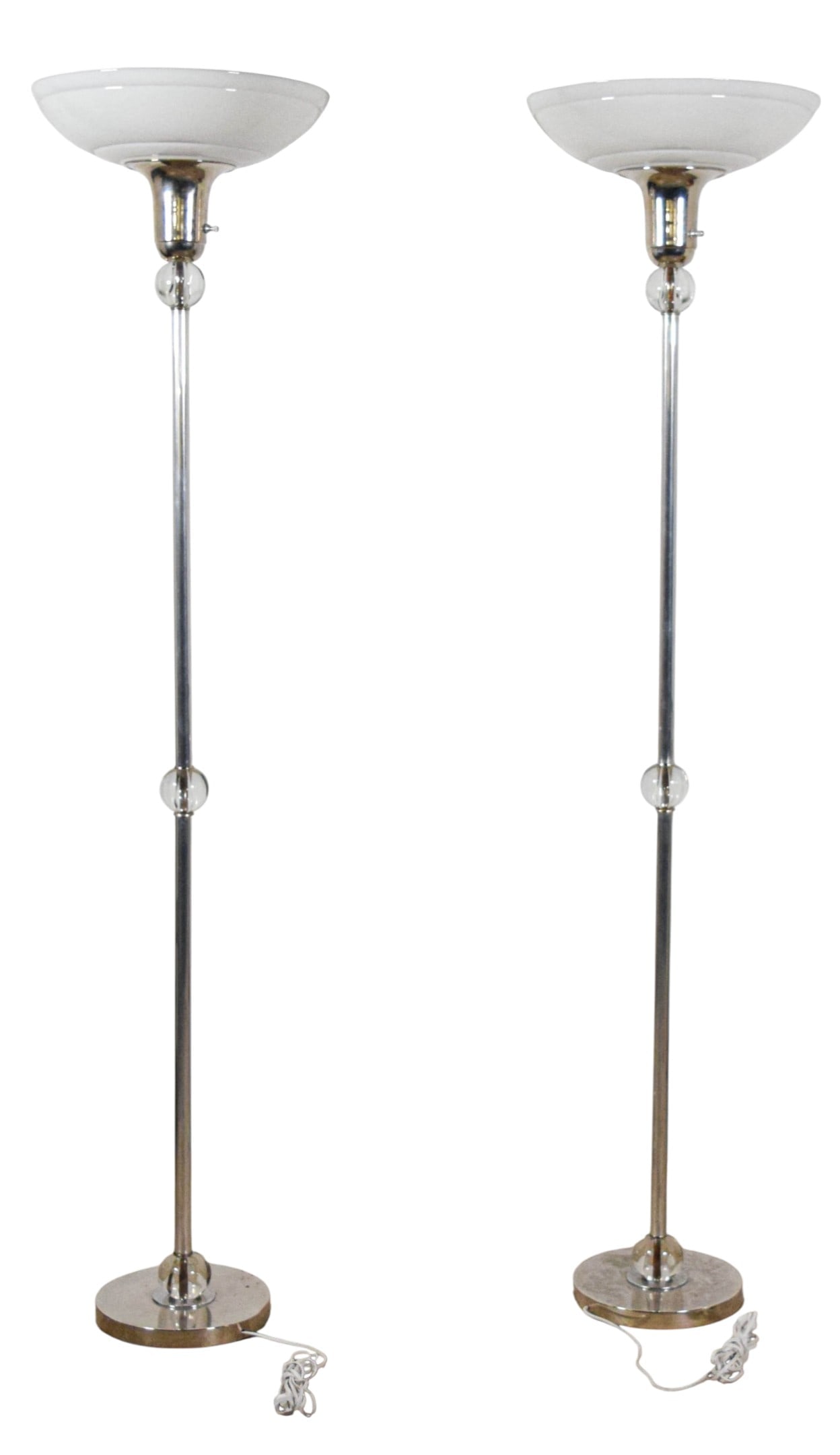 Pair of Modern Chrome & Glass Floor Lamps: Pair of modern Restoration Hardware style chrome and glass floor lamps. With milk glass shades. 68 3/4"H with shades. Wear and losses to chrome, rusting visible in glass balls, roughness along ri