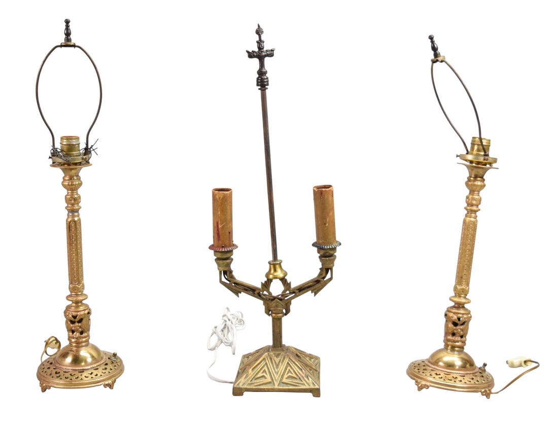 3 Brass Table Lamps: 3 brass table lamps. Pair of Segar Studios, with birds and figural feet, each 16 1/2"H to tops of sockets. With an art deco 2 light electrified candelabra lamp, marked A&A on the underside, 2