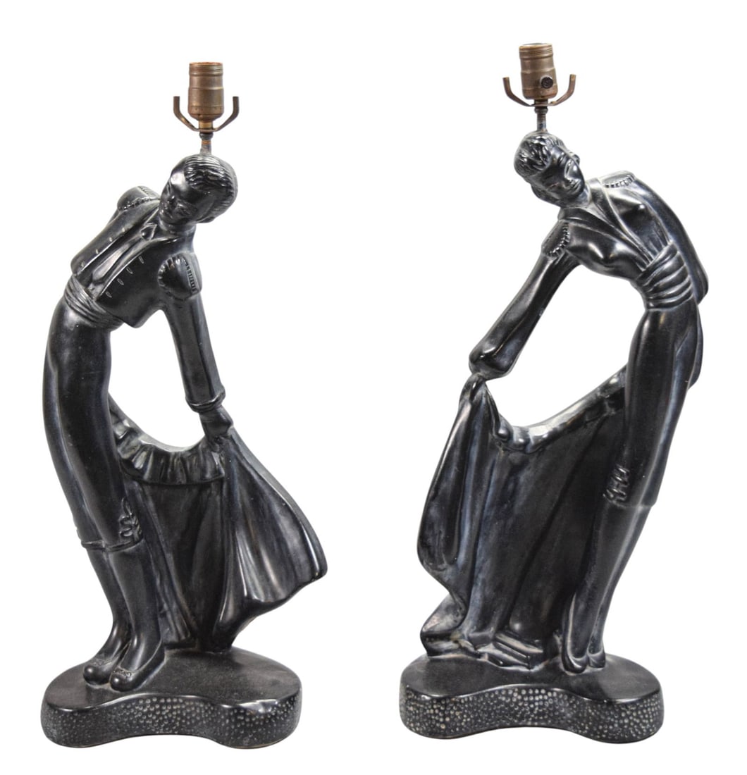 Pair of Figural Chalkware Matador Lamps: Pair of figural chalkware lamps, man and woman matadors. Unmarked. Woman 25.5" H to top of socket.