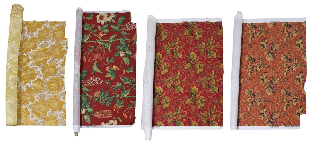 4 Rolls of Fabric Incl Thibaut Flora & Hudson: 4 rolls of floral patterned fabric including 3 rolls of Thibaut 100% cotton fabric. Each marked made in USA, 2003. 1 roll of unmarked yellow floral damask fabric. Thibaut "Flora" in red and 