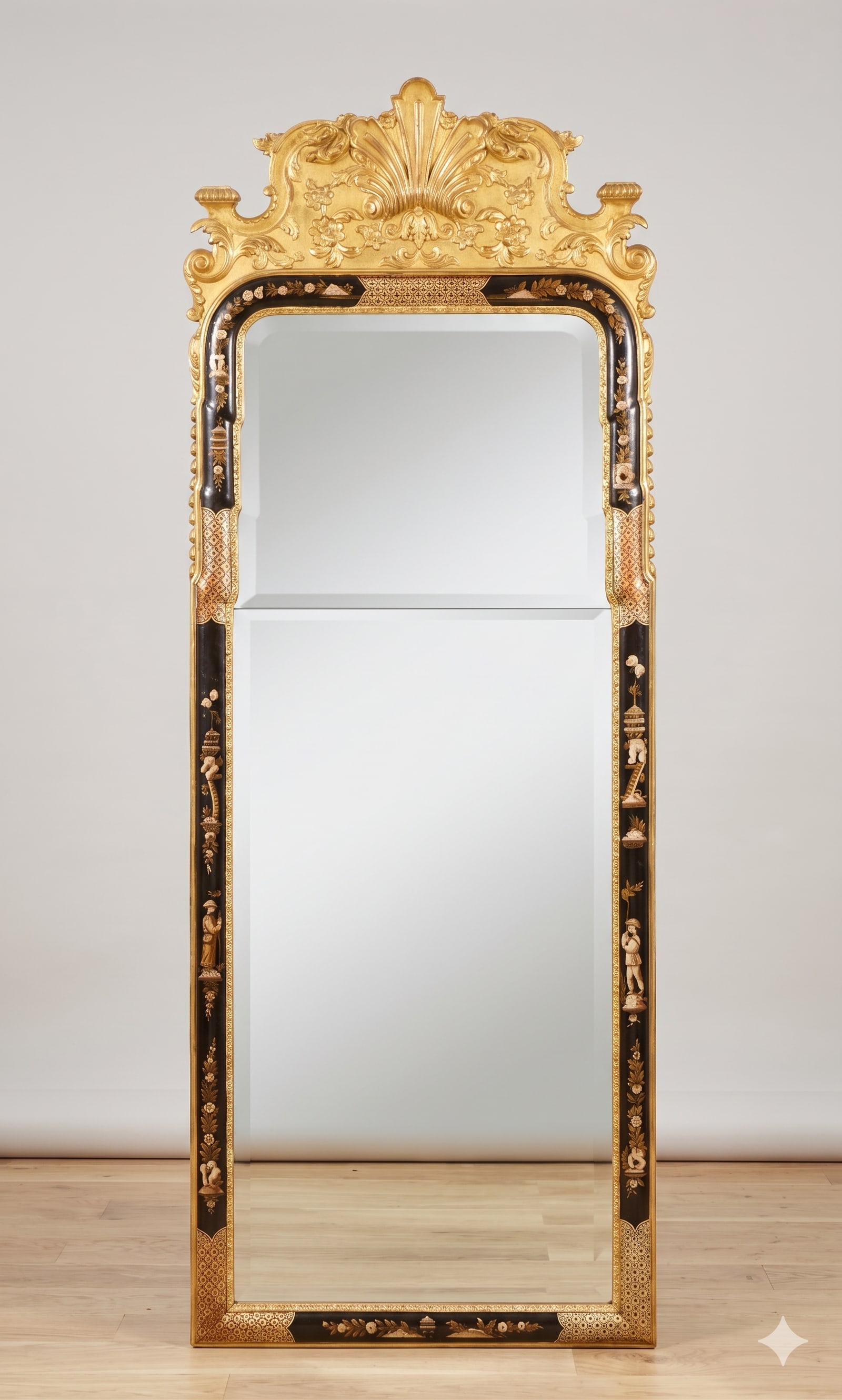 Queen Anne Style Chinoiserie Pier Mirror: Queen Anne style Chinoiserie two plate pier mirror. Black lacquered frame with hand-painted gilt and ornamentation. 64 1/2" H x 24 1/4" W.