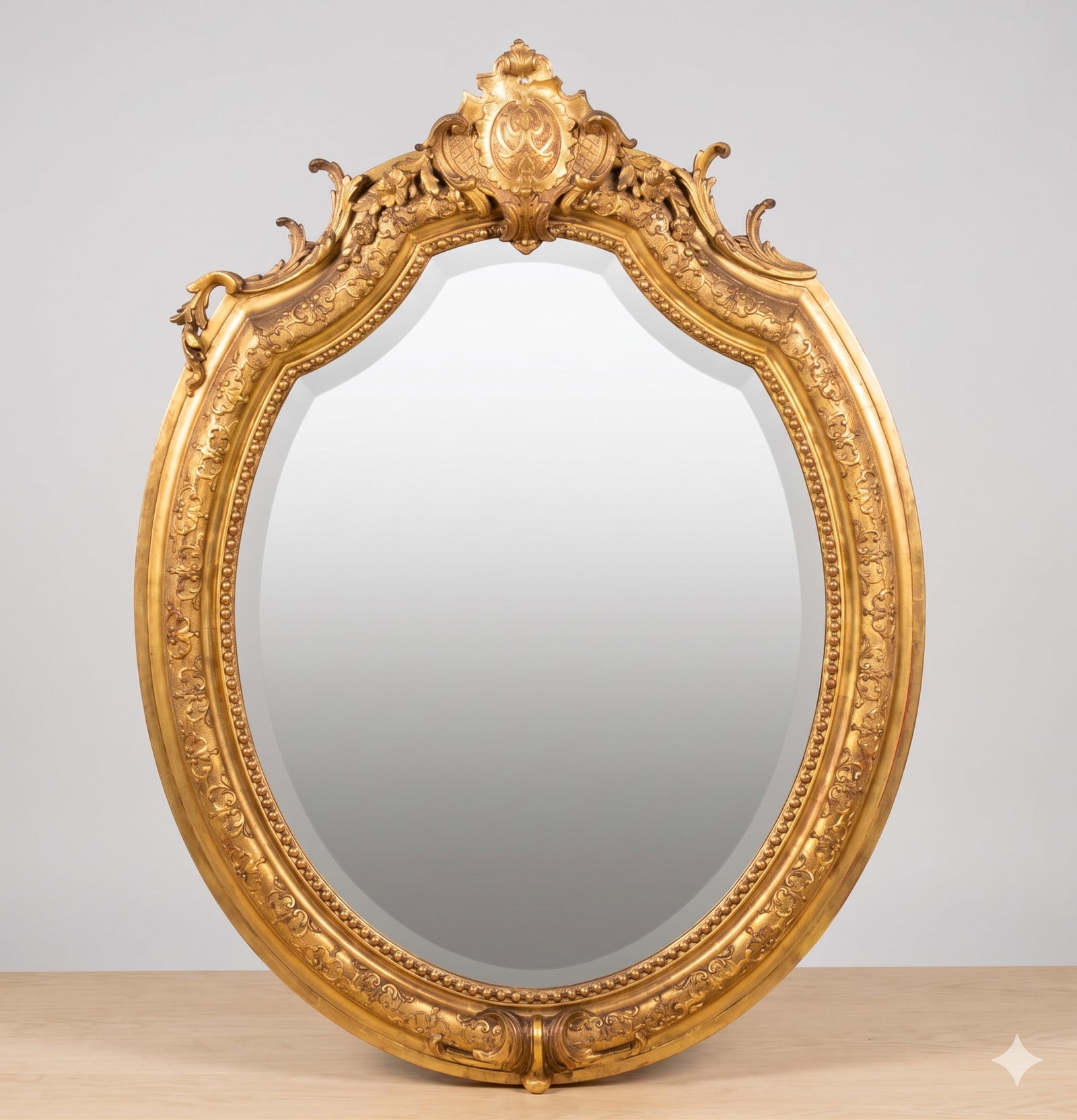Louis XV Style Giltwood Oval Wall Mirror: Large Louis XV style giltwood and gesso oval wall mirror. Several significant chips and losses to the ornamentation. 44 1/4" H x 33" W.
