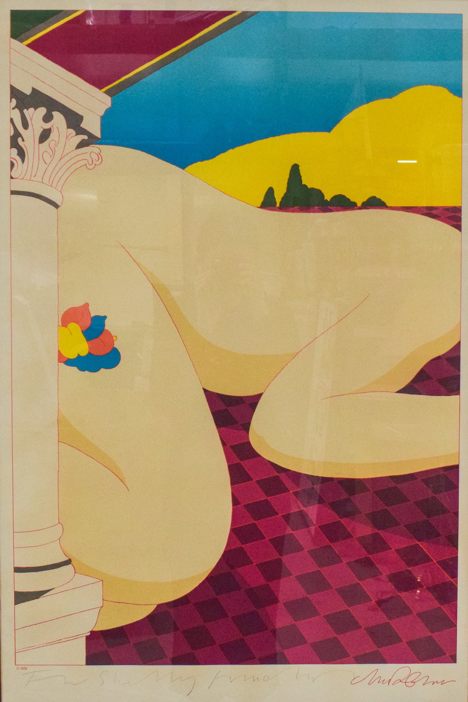 Milton Glaser Lithograph Nude on the Music Hall Floor: Milton Glaser (American, 1929-2020). Lithograph, Nude on the Music Hall Floor, 1978. Signed in the lower right with personalized inscription. 36" x 24" sight size, 38 1/2" x 26 1/2" with frame.