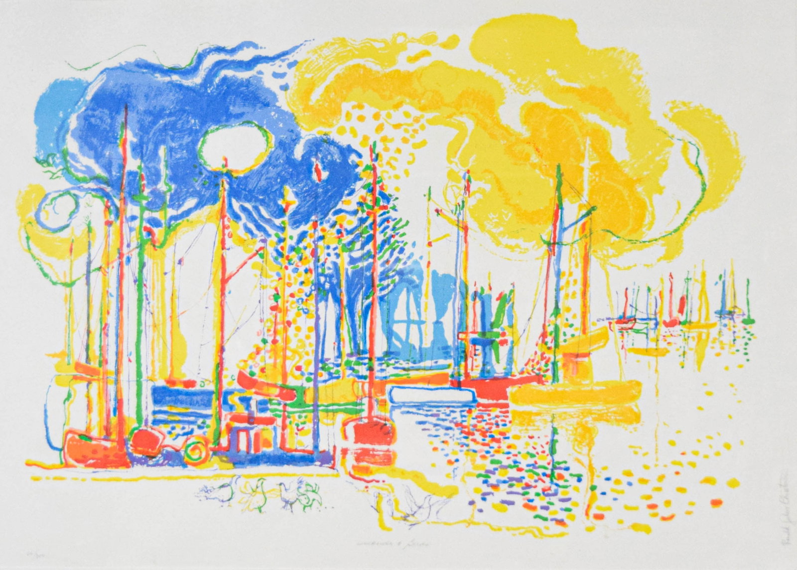 Ronald Julius Christensen Serigraph Dockside and Birds: Ronald Julius Christensen (American, 1923-1999). Serigraph, Dockside and Birds. Pencil signed in the lower right and numbered 66/300 in the lower left. 26" x 37" sight size, 33 1/4" x 44 1/4" with fra