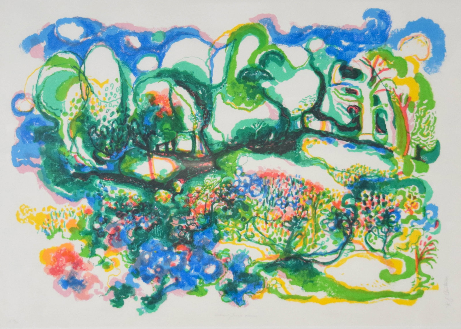 Ronald Julius Christensen Limited Edition Serigraph Willow Brook Road: Ronald Julius Christensen (American, 1923-1999). Lithograph, Willow Brook Road. Pencil signed in the lower right and numbered 35/35 in the lower left. 26" x 37" sight size, 33 1/4" x 44" with frame.