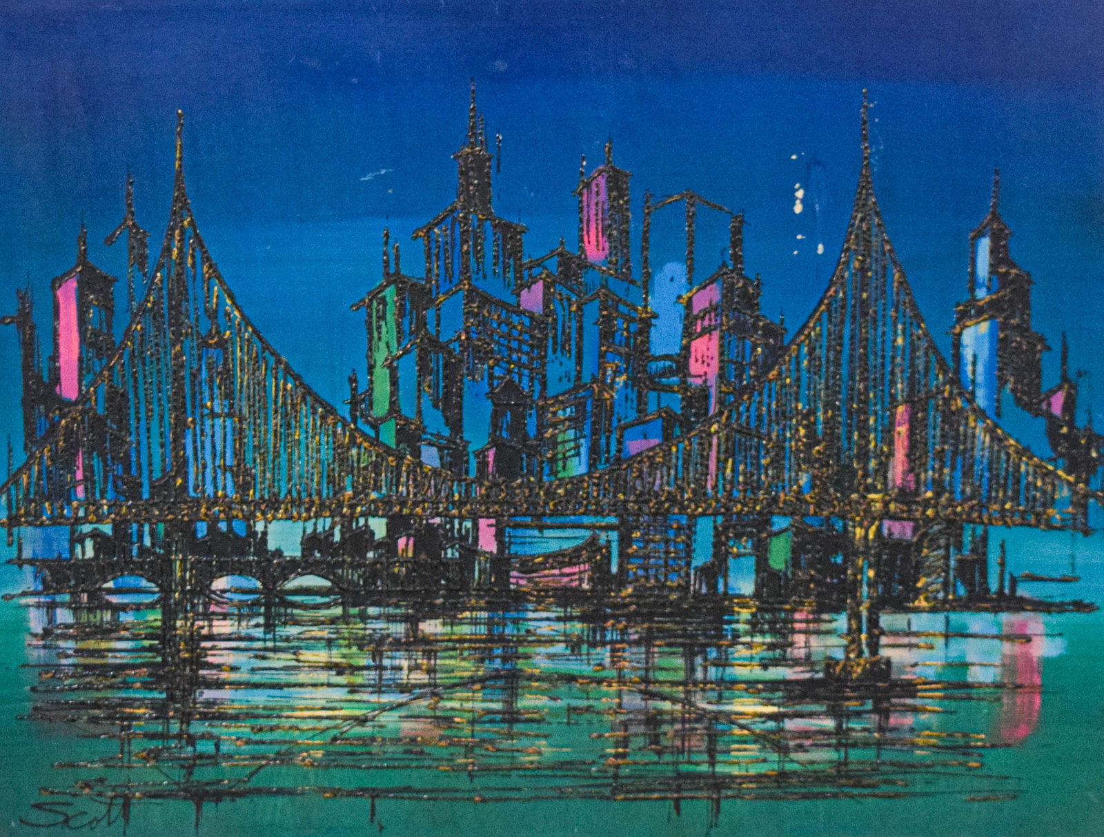 Mixed Media Cityscape on Canvas: Mixed media cityscape on canvas featuring a heavy impasto or squeeze-bottle technique. Signed Scott in the lower left. 40" x 50" with frame.