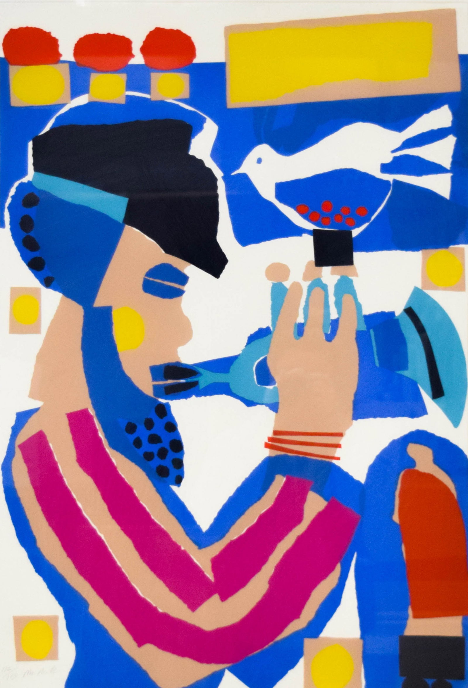 McNill Screenprint Musician with Trumpet and Bird: Screenprint, musician with trumpet and bird. Signed and numbered McNill 112/150 in the lower left. 41" x 29 1/2" with frame.