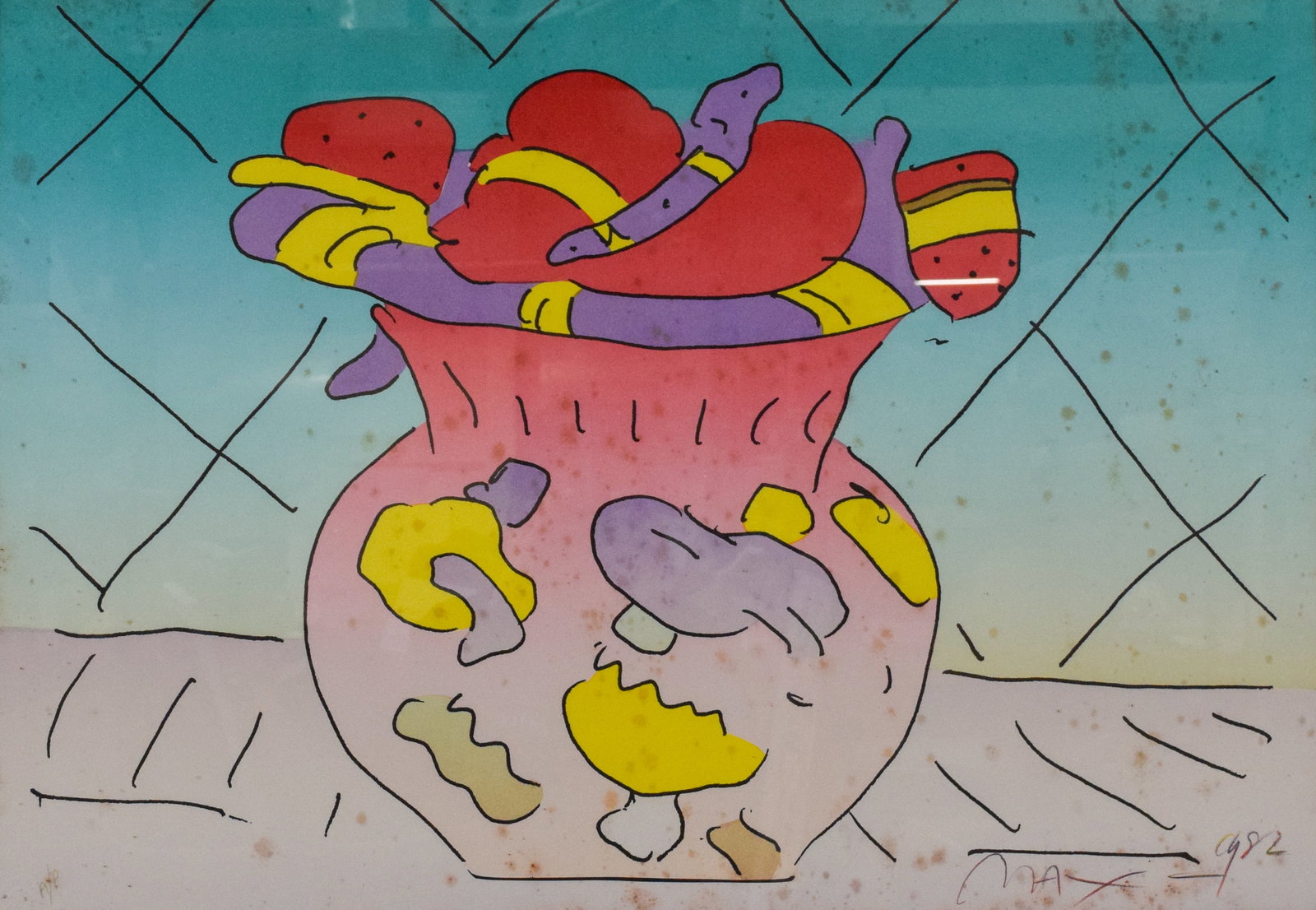 Peter Max Lithograph Red Vase: Peter Max (German-American, b. 1937). Lithograph, Red Vase. Signed Max 1982 in the lower right. Stamped Peter Max 1982 New York in the lower left, A/P in colored pencil. 20 3/4" x 29 1/2" sight size, 