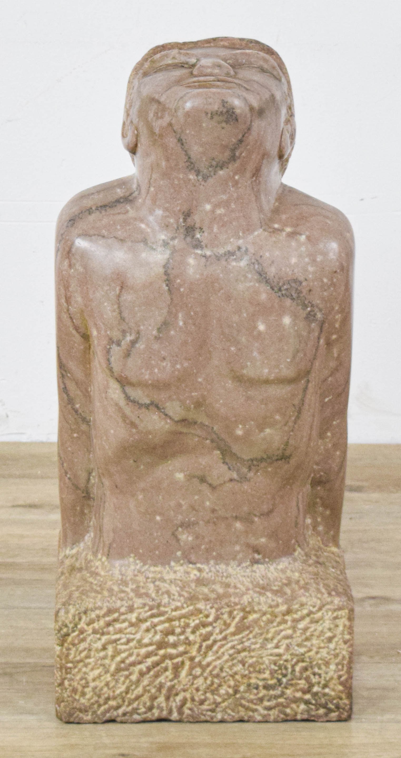 Ben Goodkin MCM Carved Stone Sculpture of a Male Torso, 1965: Ben Goodkin (American, 20th Century). Mid-Century Modern carved stone sculpture of a male torso. Signed Goodkin '65 near the base. 26 1/2" H x 12" W x 9" D.